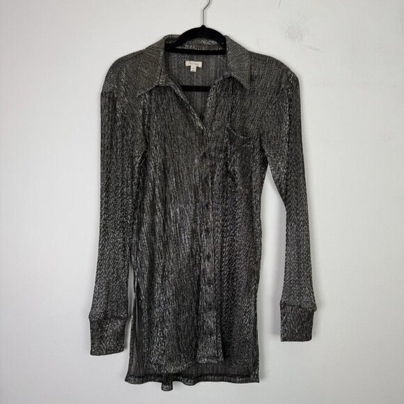 Pilcro Black Metallic Sheer Button Up Long Sleeve Shirt Size Extra Small - Picture 1 of 6